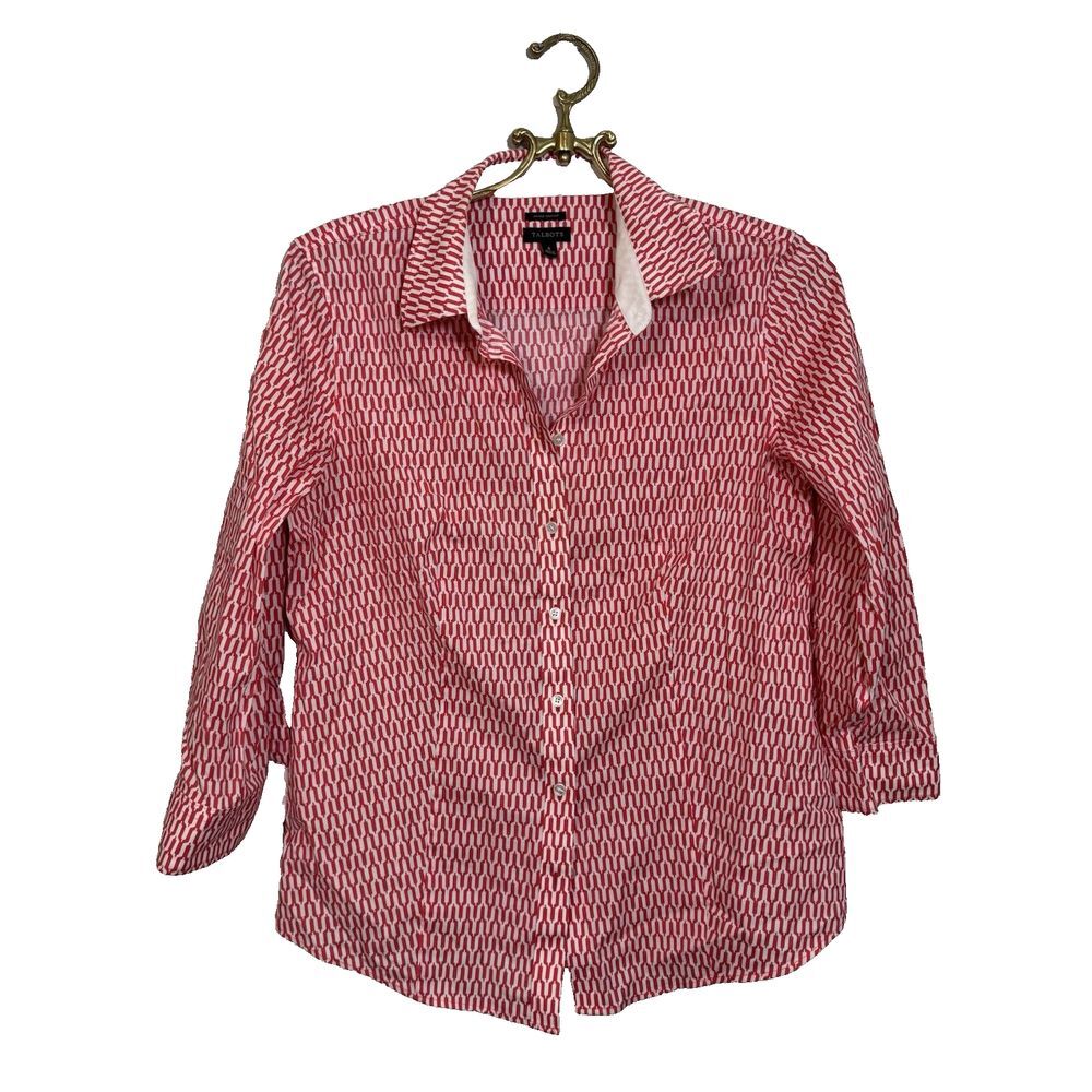 Talbots Sz. 6 Red Or/White Wrinkle Resistant 3/4 Sleeve Floral Button Down Shirt